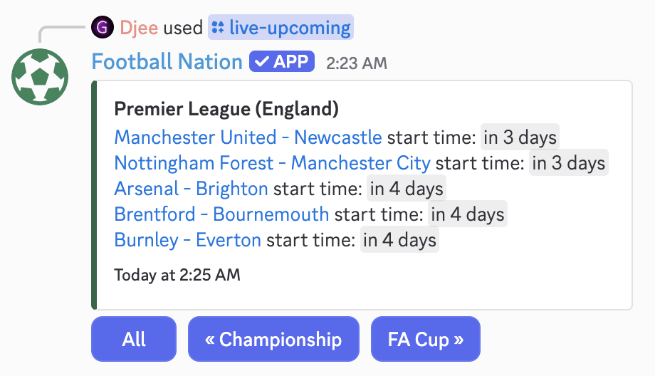 Football Nation bot paginated /live-upcoming command preview